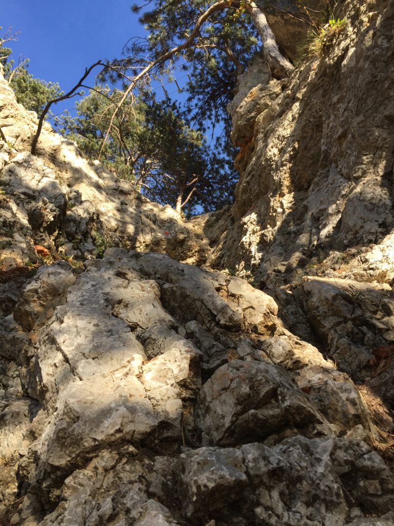 The crux of Holzknechtsteig (Climbing UIAA II)