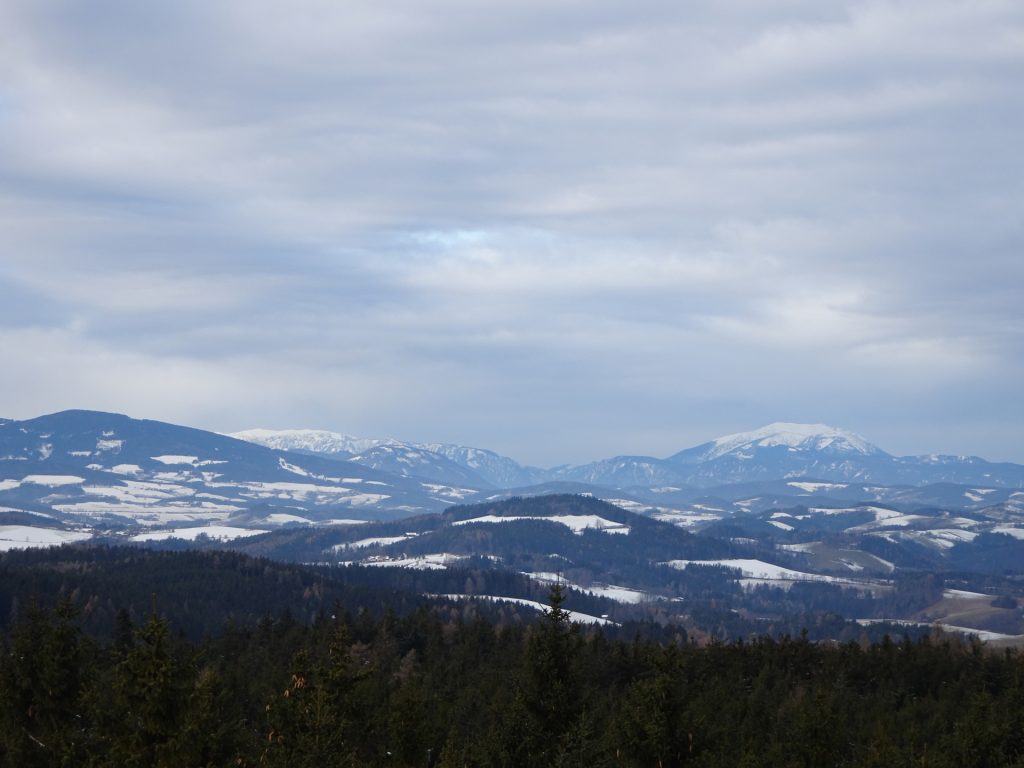 The "Rax" and "Schneeberg" seen from the viewing platform at "Hutwisch"